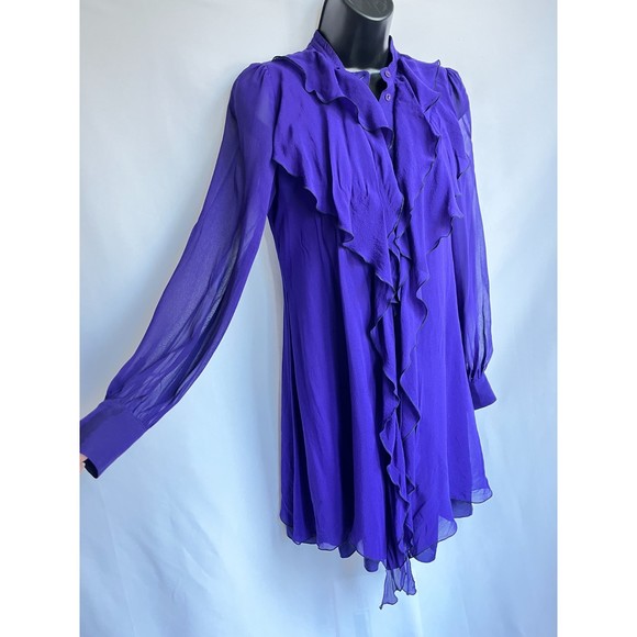Armani Exchange Retro 100% Silk Purple Ruffle Button Down Dress Size 2 Formal - Picture 2 of 11